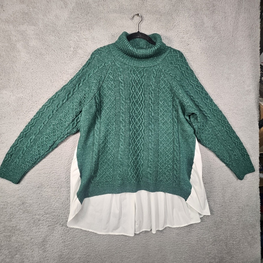Anthropologie Cable Knit Sweater Womens XL Green‎ Layered Mixed Media Holiday
